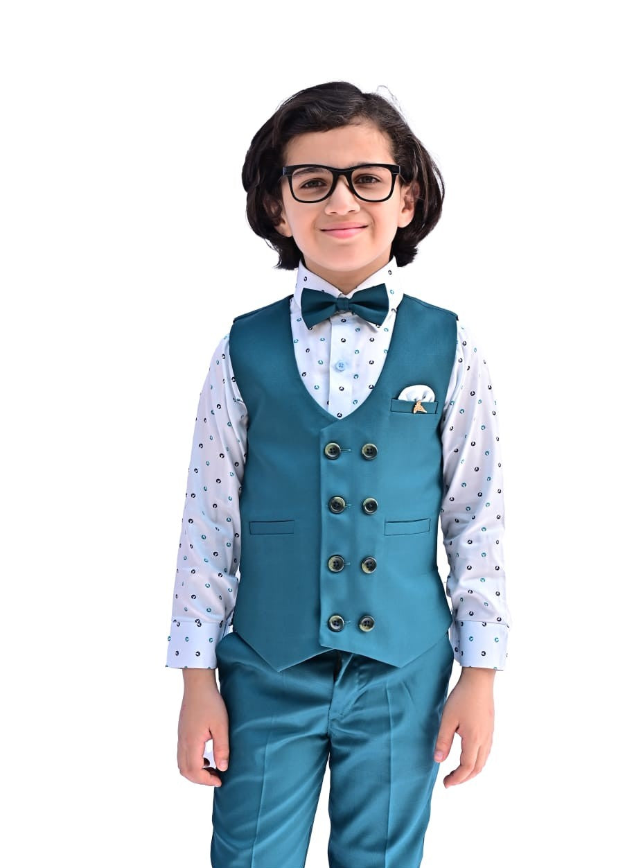 Child wearing a teal suit with a bow tie on a white background