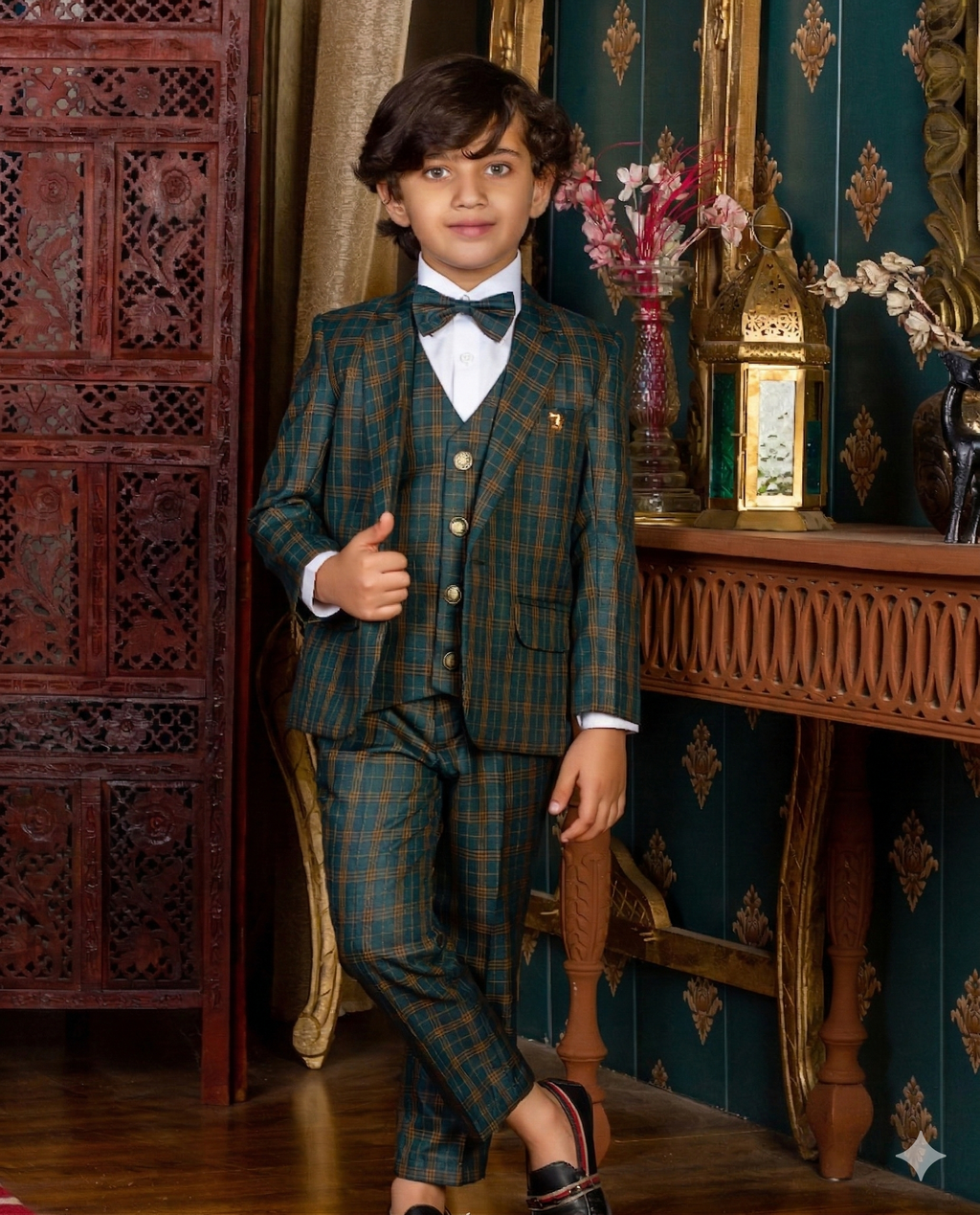 Young boy in a formal green plaid suit standing in an ornate room.