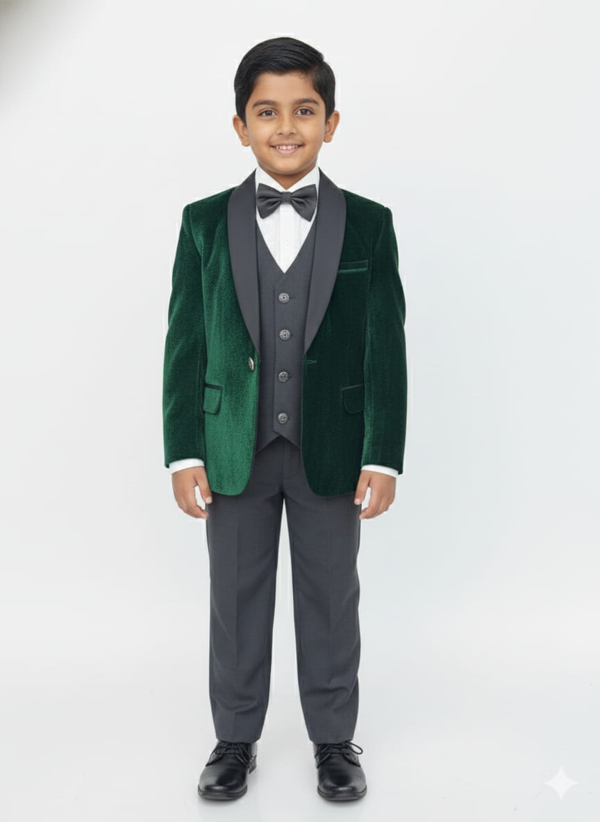 Young boy wearing a green velvet suit with a white shirt and black bow tie on a white background
