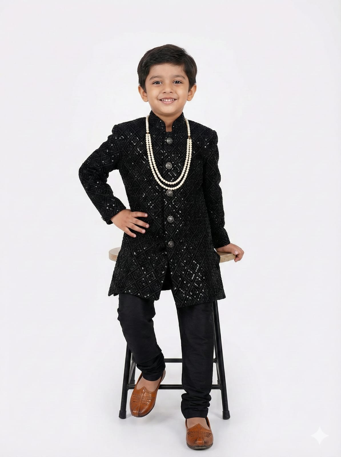 Young boy in a black traditional outfit with a white background
