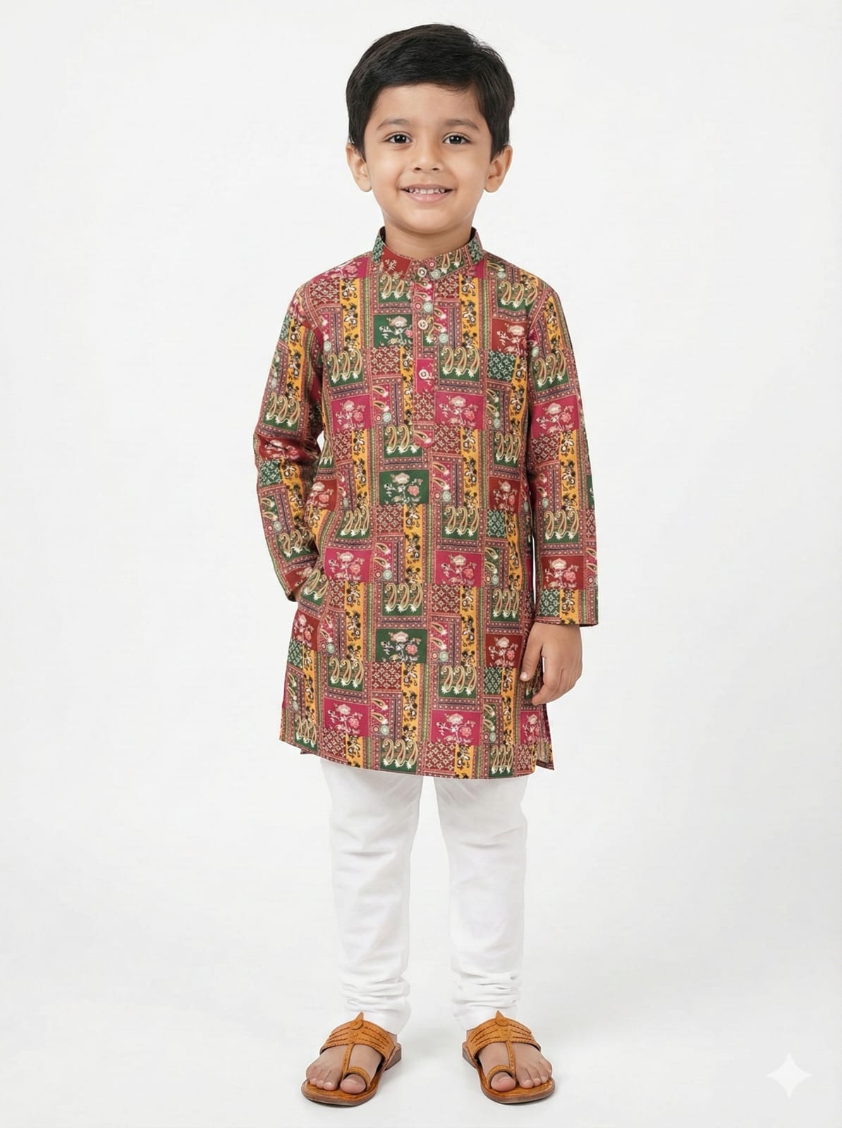 Child wearing a traditional patterned kurta with white pants on a white background