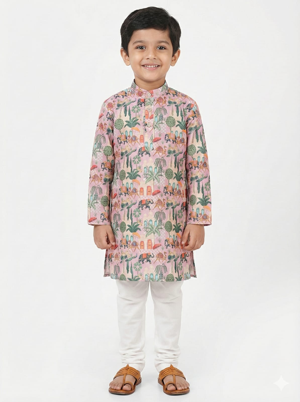 Child wearing a colorful kurta with white pants on a light gray background