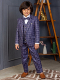 Young boy in a formal purple checkered suit standing in a room with a wooden ladder and decorative items.