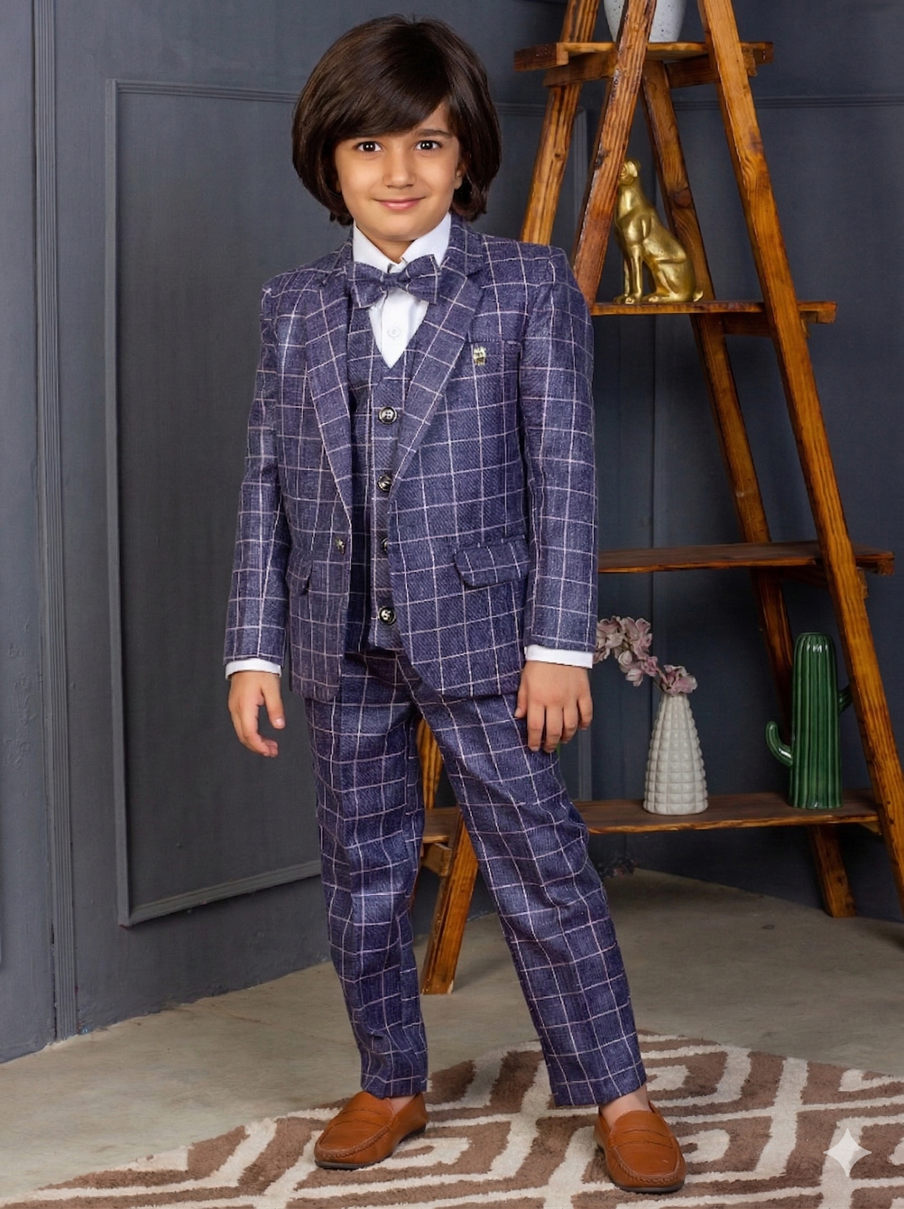 Young boy in a formal purple checkered suit standing in a room with a wooden ladder and decorative items.