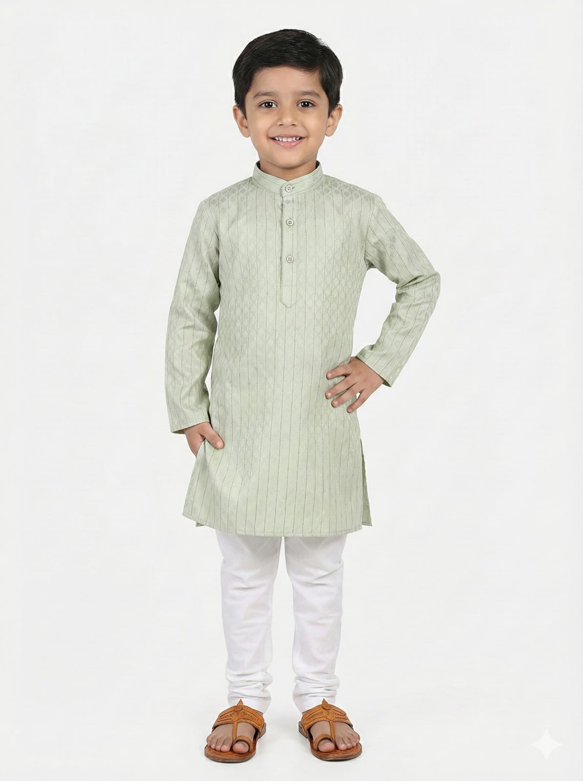 Young boy wearing a light green kurta with white pants on a white background