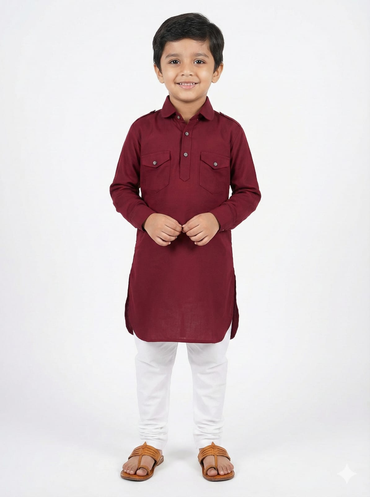 Child wearing a maroon kurta with white pants on a white background