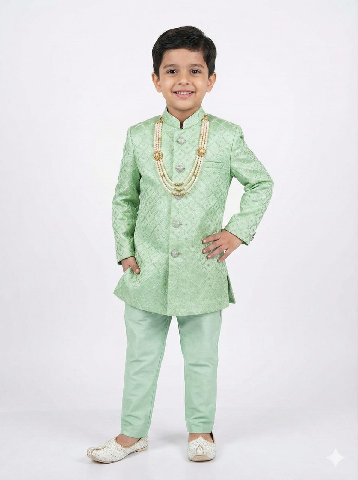 Child wearing a light green traditional outfit with gold accents on a white background