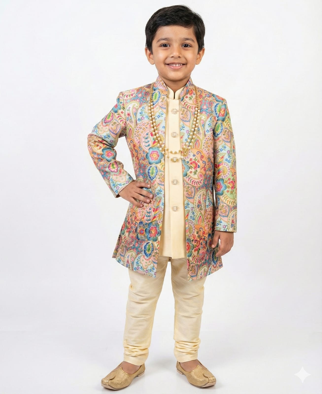 Child wearing a colorful traditional outfit on a white background