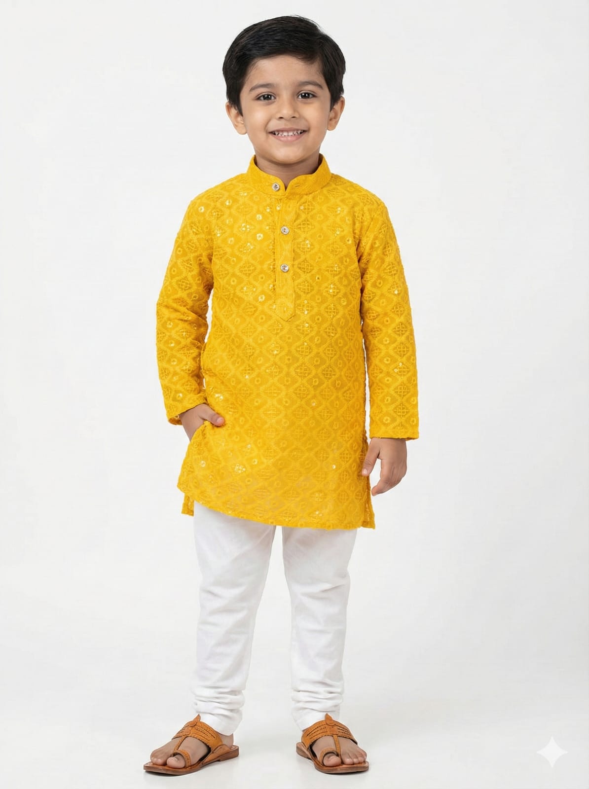 Child wearing a yellow kurta with white pants on a white background
