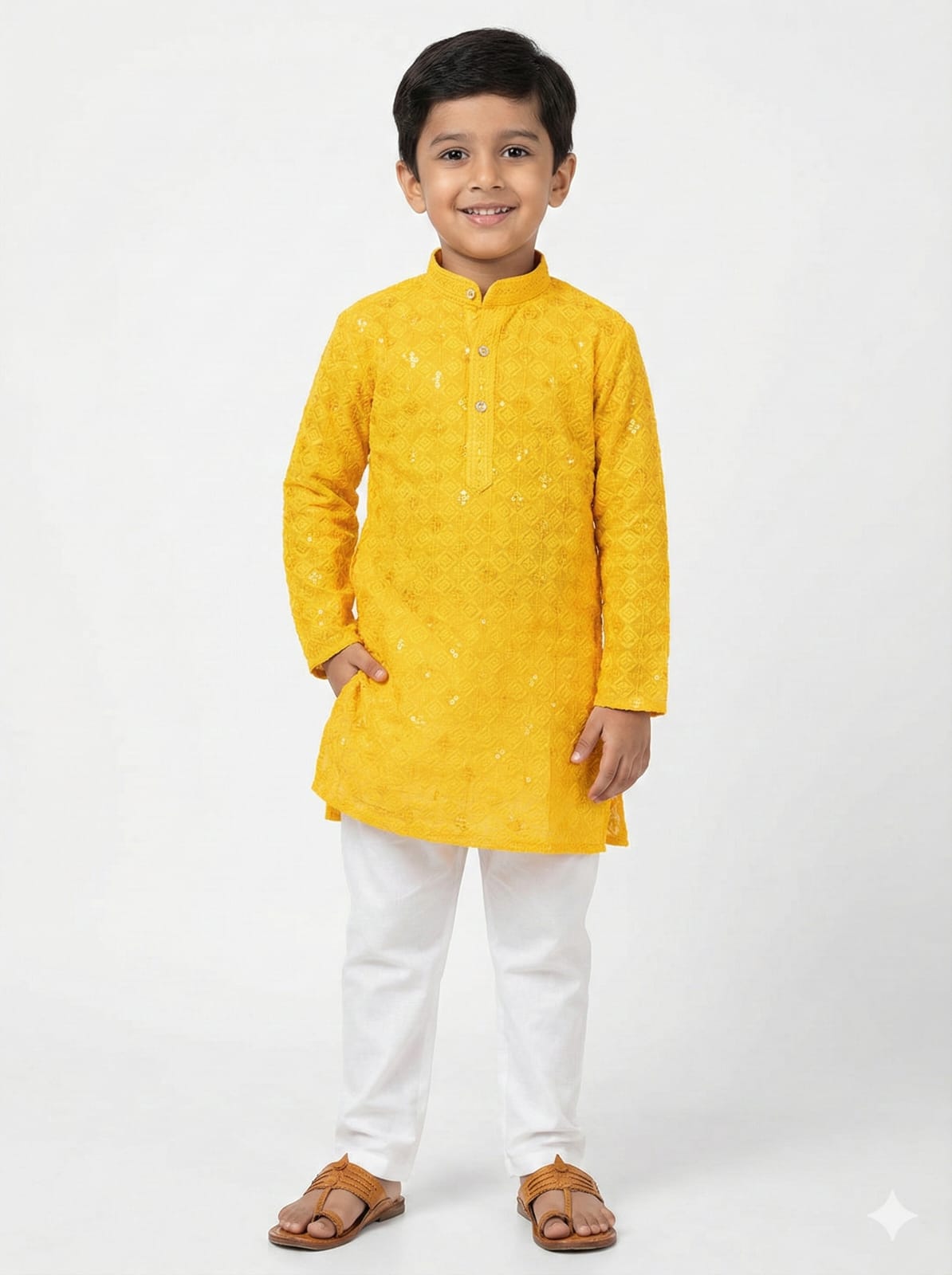 Young boy wearing a yellow kurta with white pants on a white background