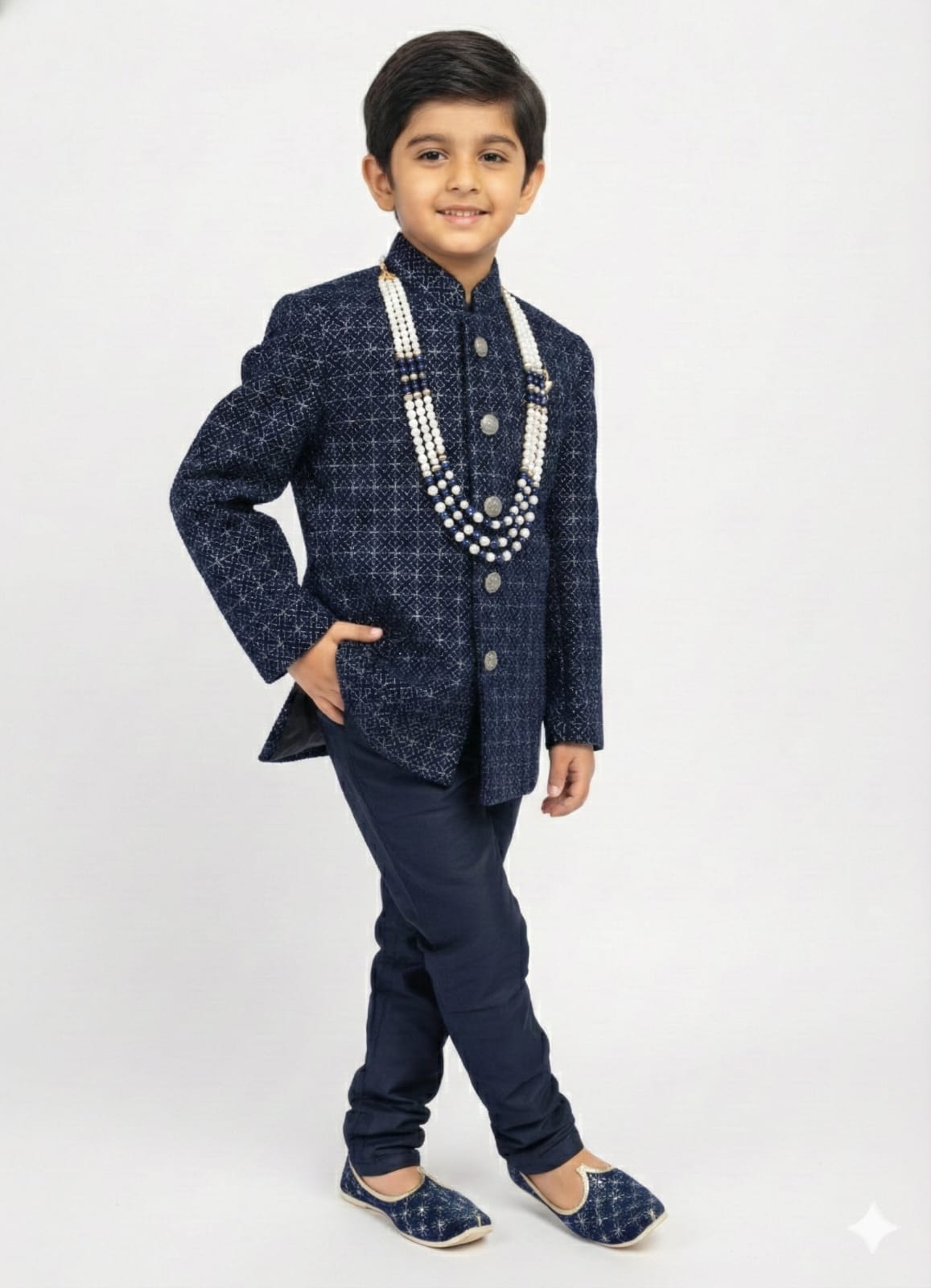 Child wearing a traditional navy blue outfit with a patterned jacket and matching pants on a white background