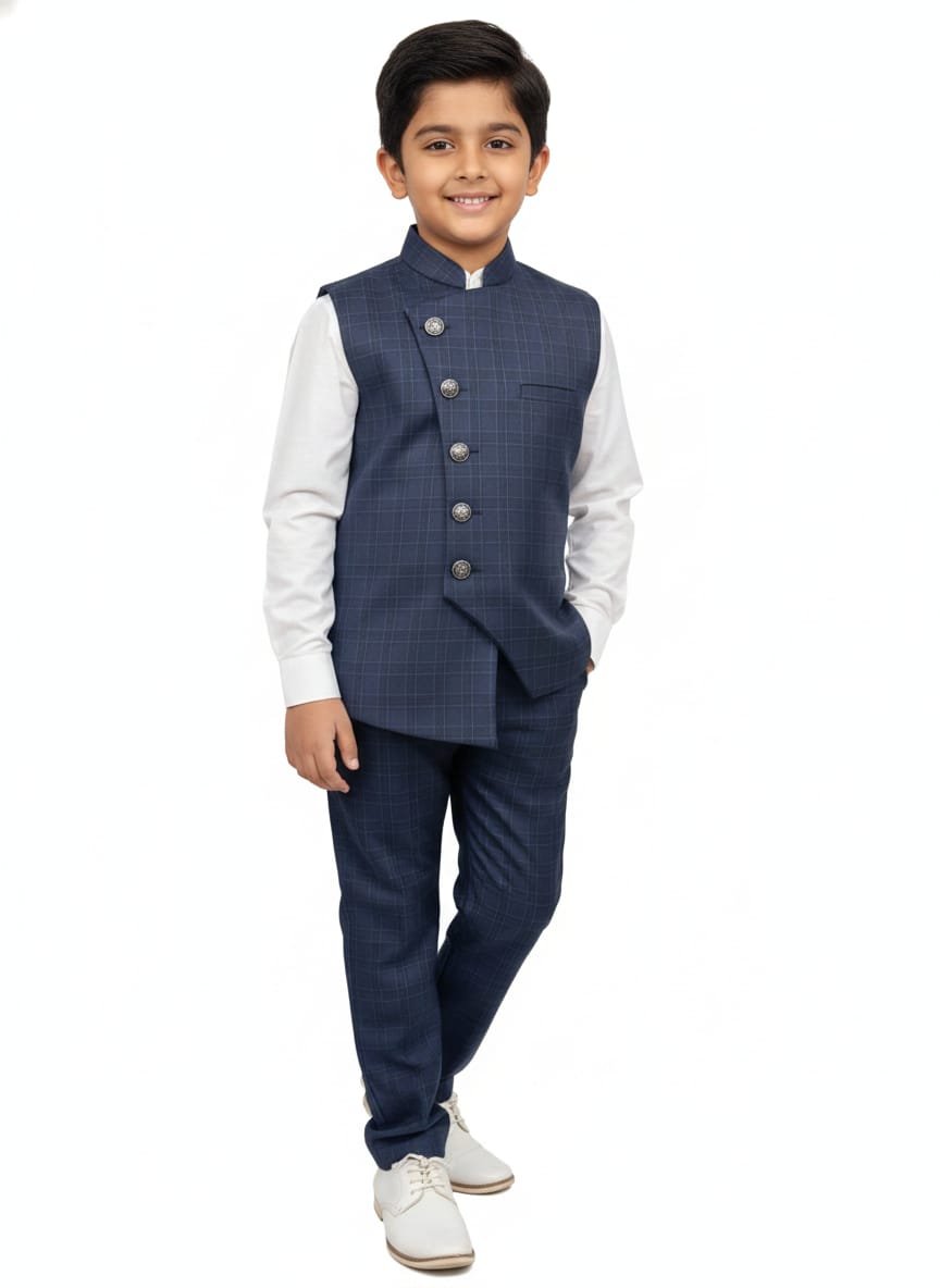 Young boy wearing a navy blue checkered vest over a white shirt on a white background