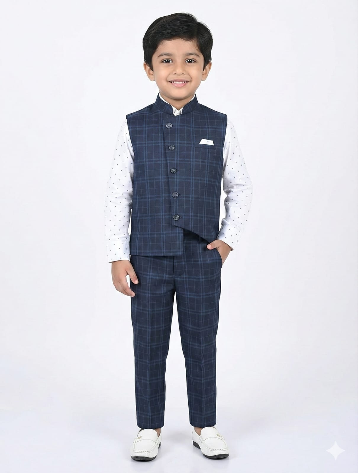 Young boy wearing a navy checkered suit with a vest on a white background