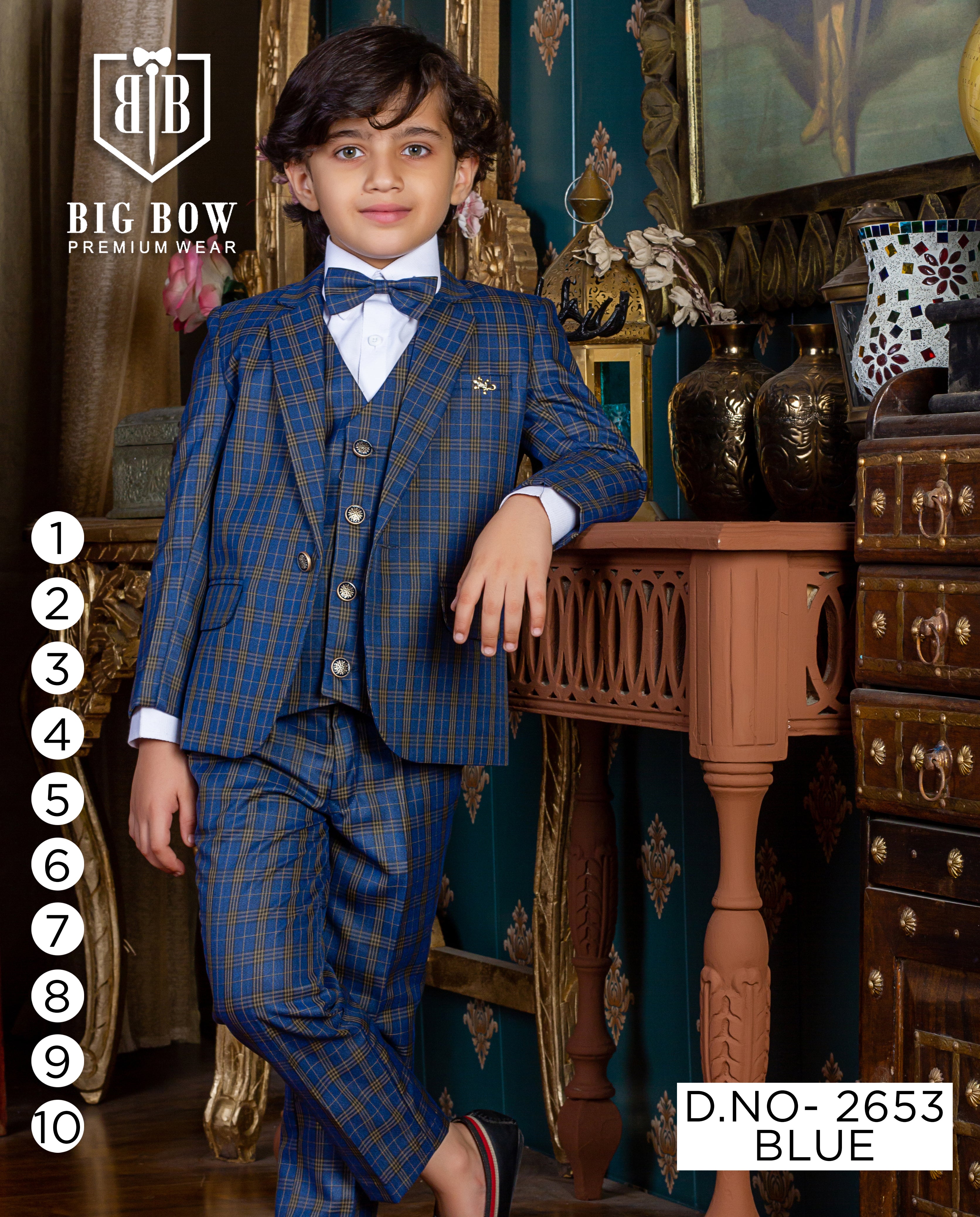 Young boy in a blue checkered suit standing in an ornate room with decorative furniture.