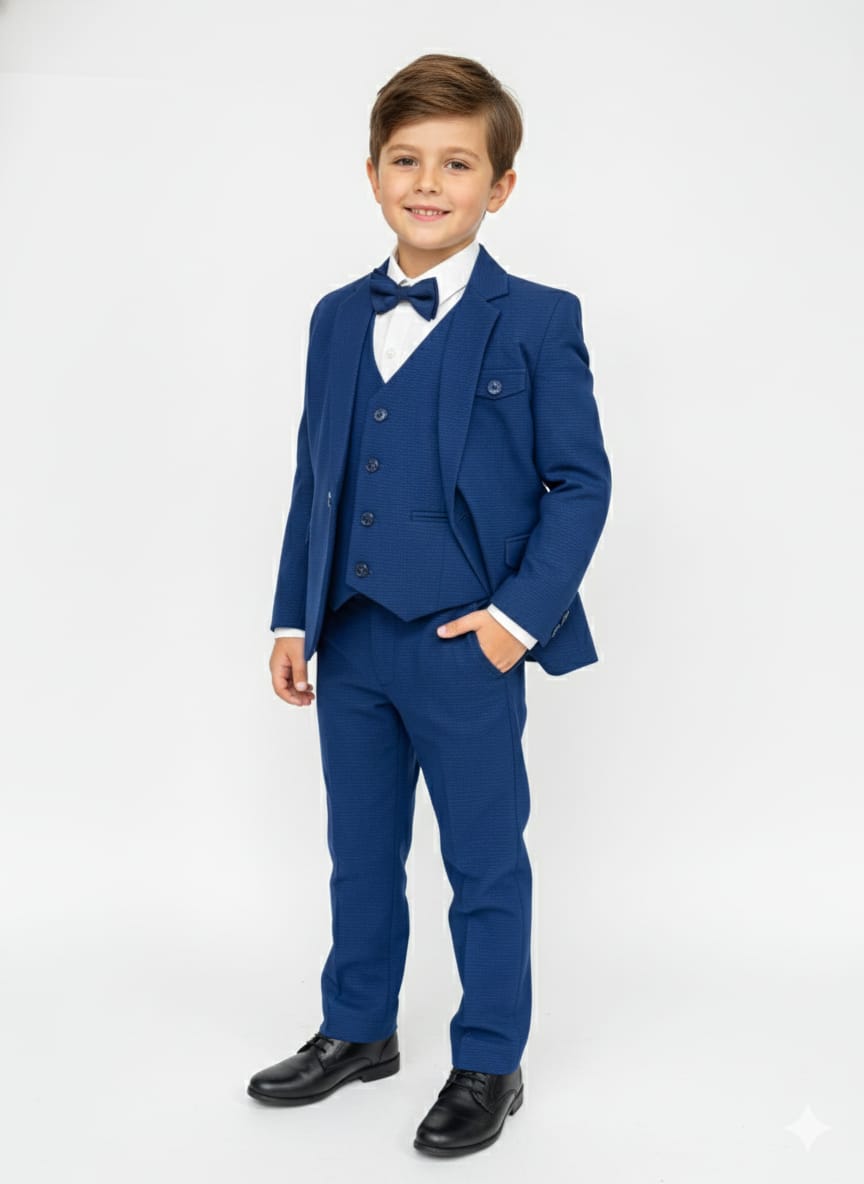 Young boy wearing a blue suit with a white shirt and black bow tie on a white background