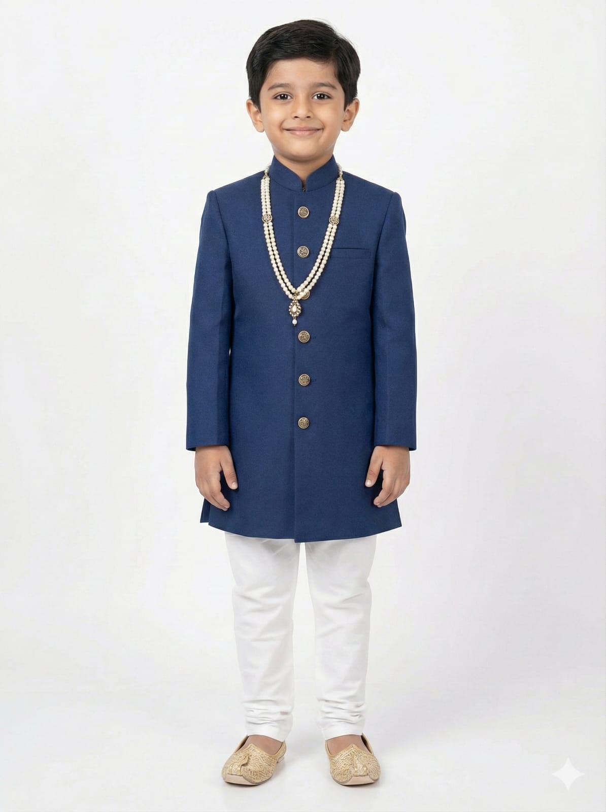 Young boy wearing a blue sherwani with white pants on a white background