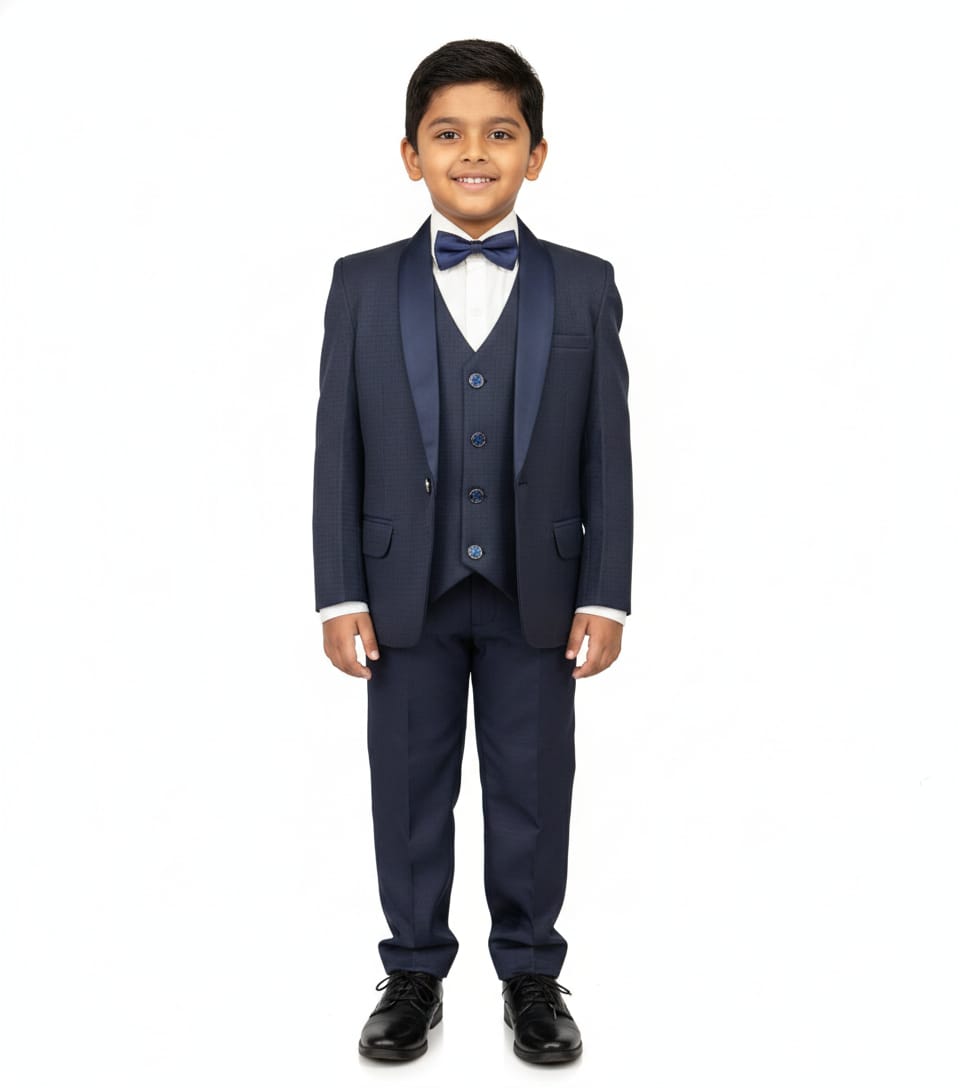 Young boy wearing a navy blue suit with a white shirt and black shoes on a white background