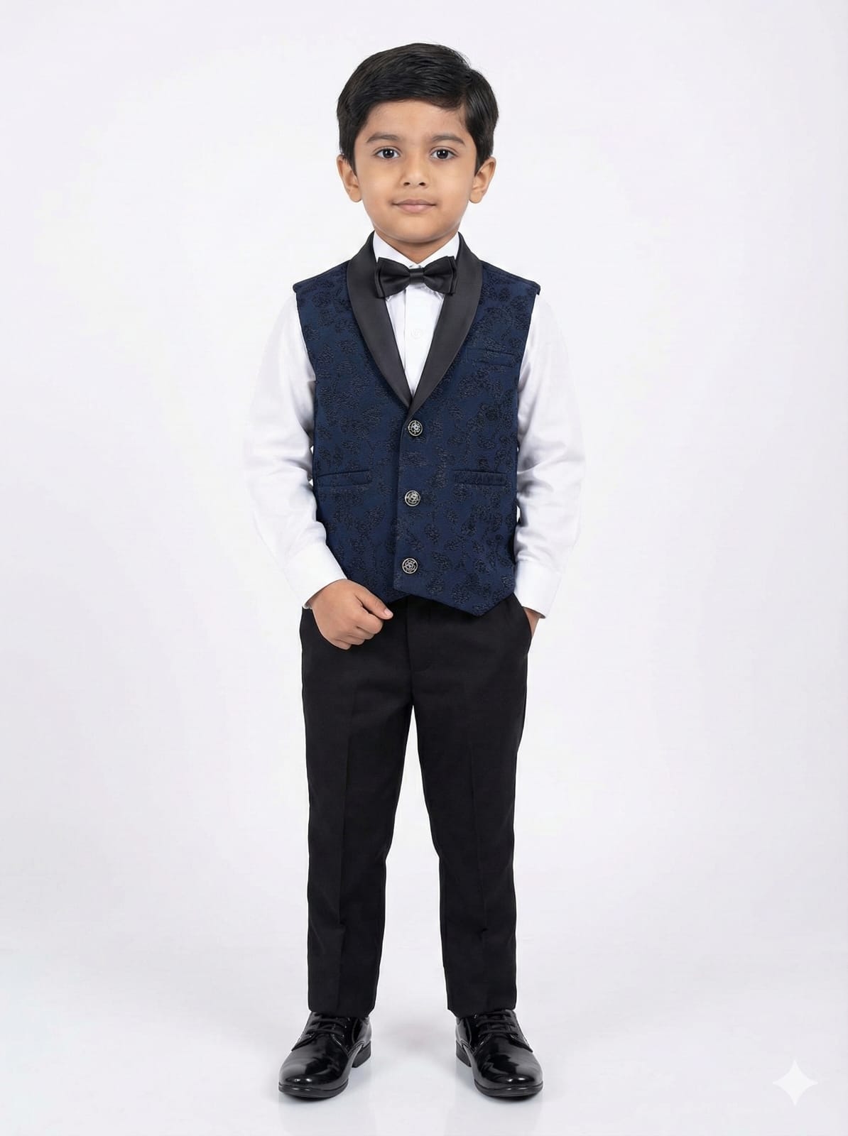Young boy wearing a formal outfit with a vest, bow tie, and pants on a white background