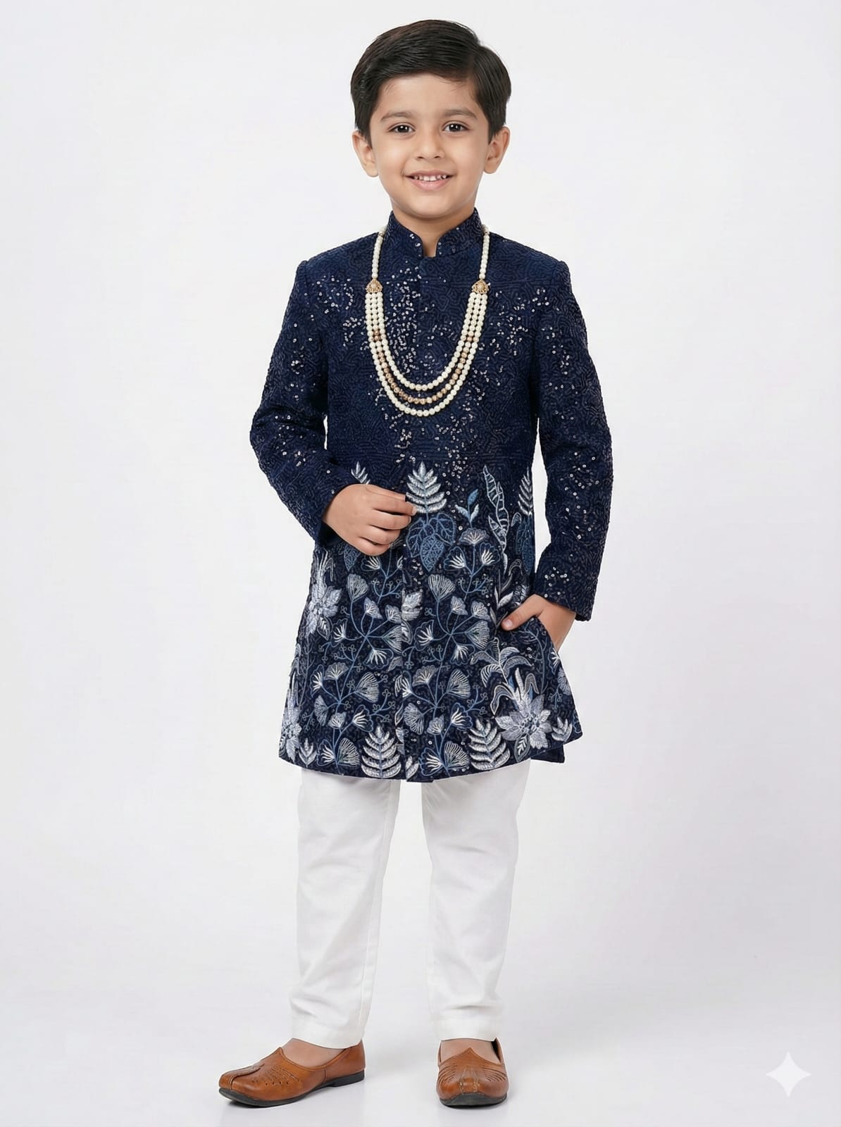Young boy wearing a navy blue sherwani with white pants on a white background