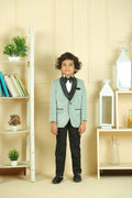 Young boy in a light green suit standing in a room with shelves and plants.
