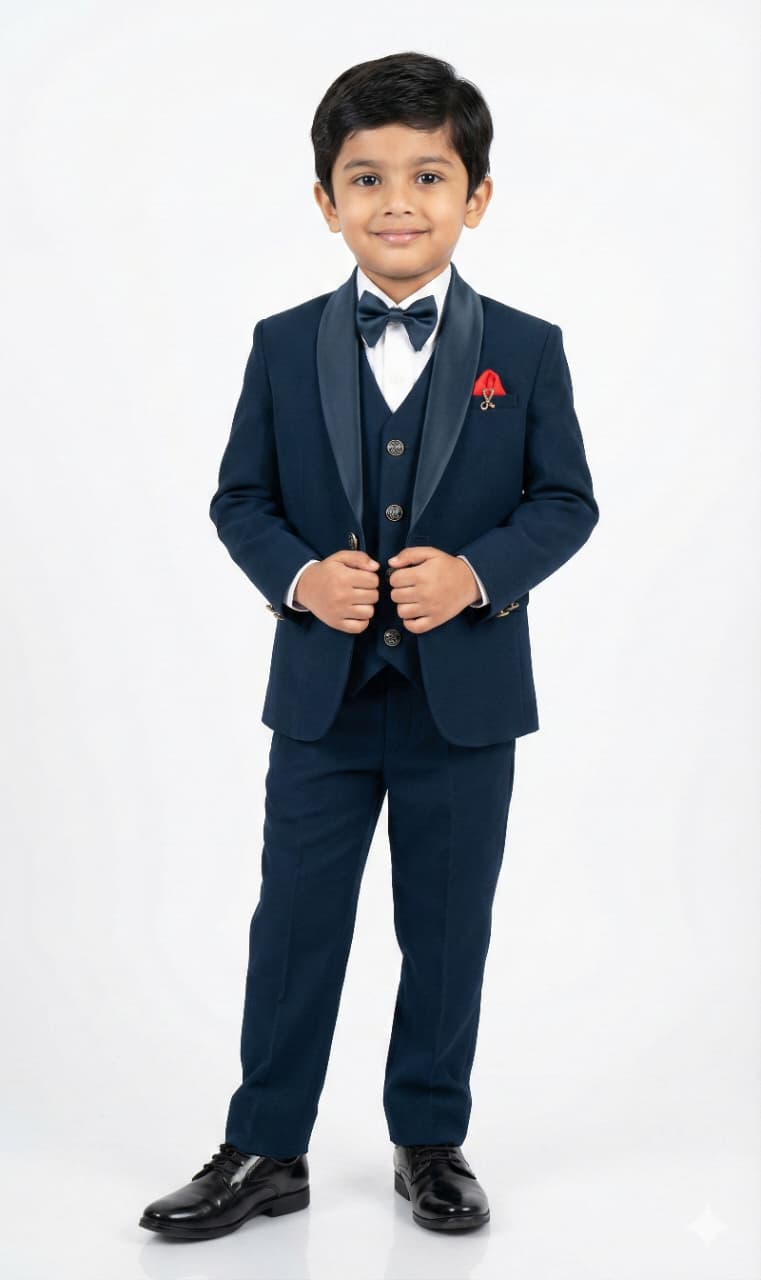 Young boy in a formal navy suit with a bow tie on a white background