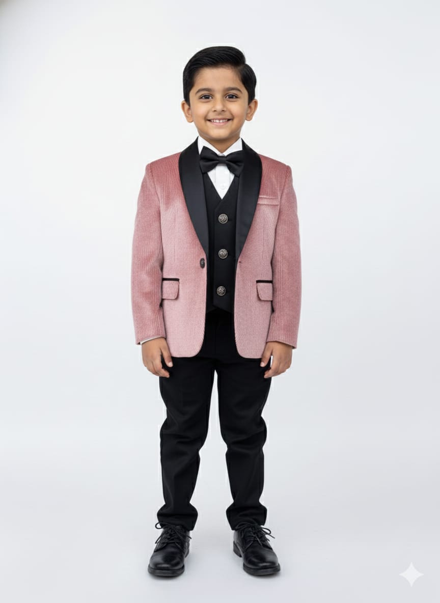 Young boy in a formal outfit with a pink blazer on a white background