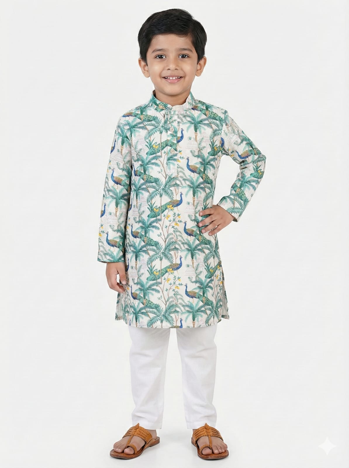 Young boy wearing a floral kurta with white pants on a white background