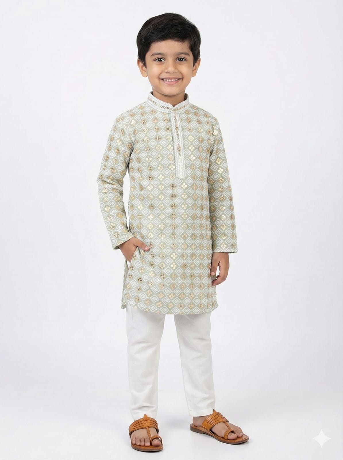 Young boy wearing a traditional kurta with white pants on a white background