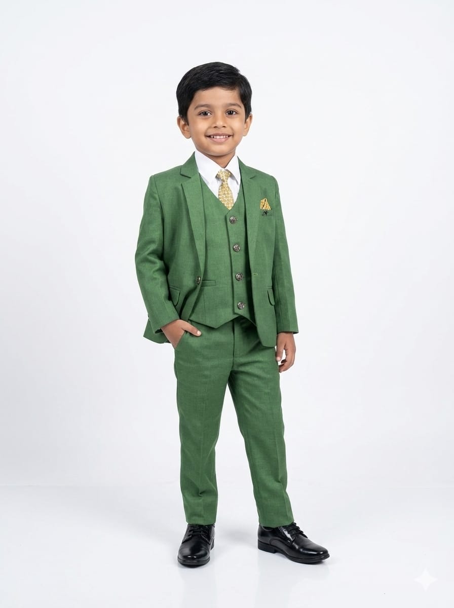 Young boy wearing a green suit with a white shirt and black shoes on a white background