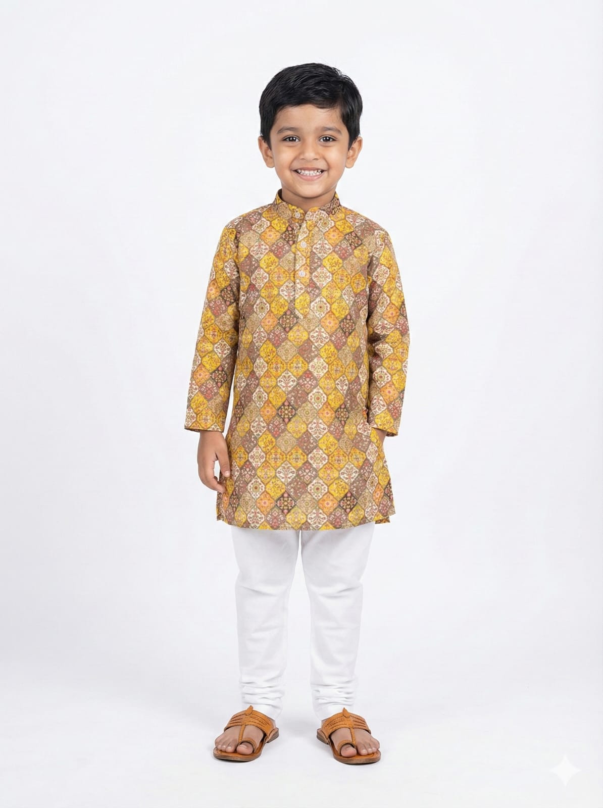 Young boy wearing a yellow and brown patterned kurta with white pants on a white background