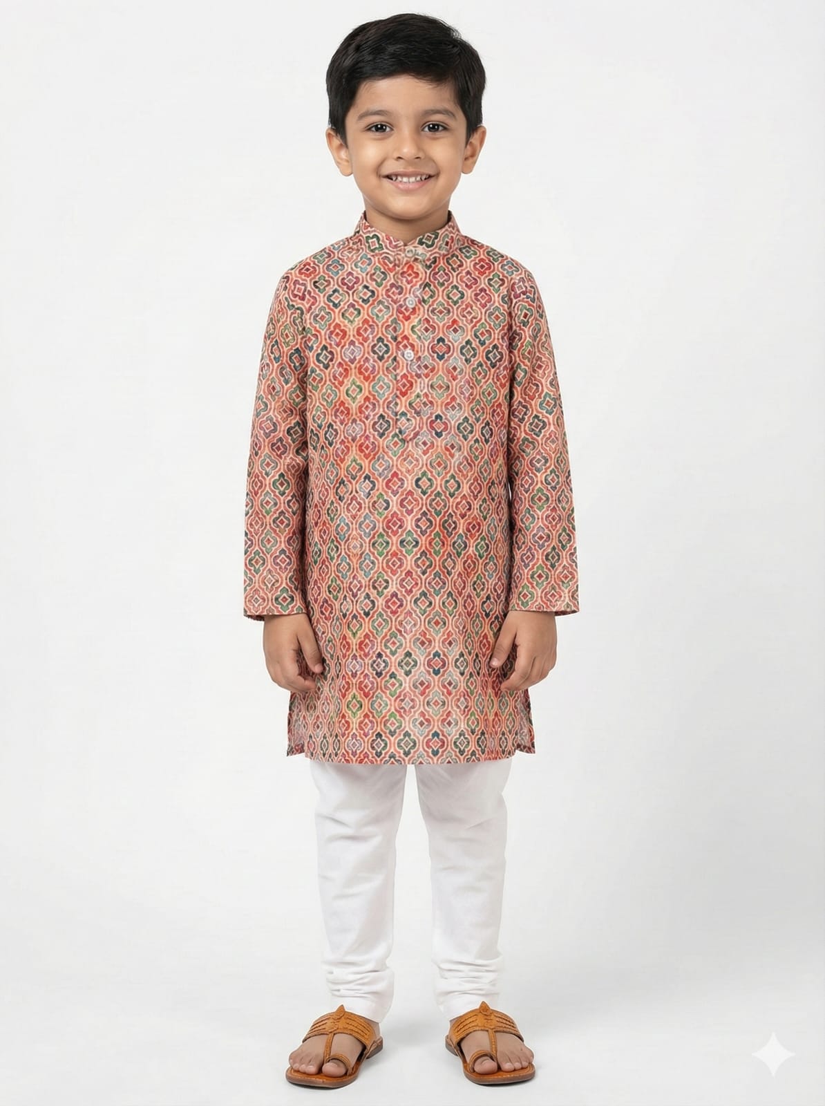 Child wearing a patterned kurta with white pants on a white background