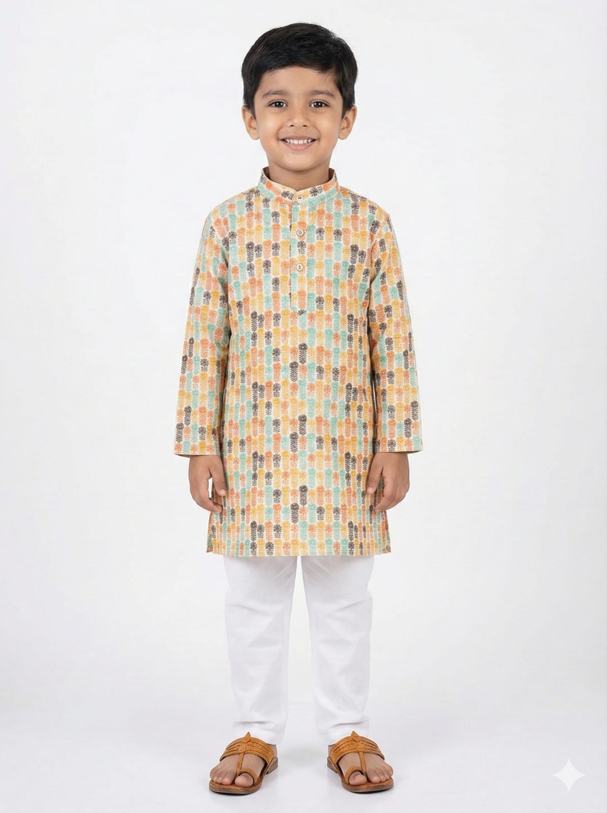 Young boy wearing a patterned kurta with white pants on a white background
