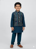 Young boy wearing a traditional outfit with a vest on a white background