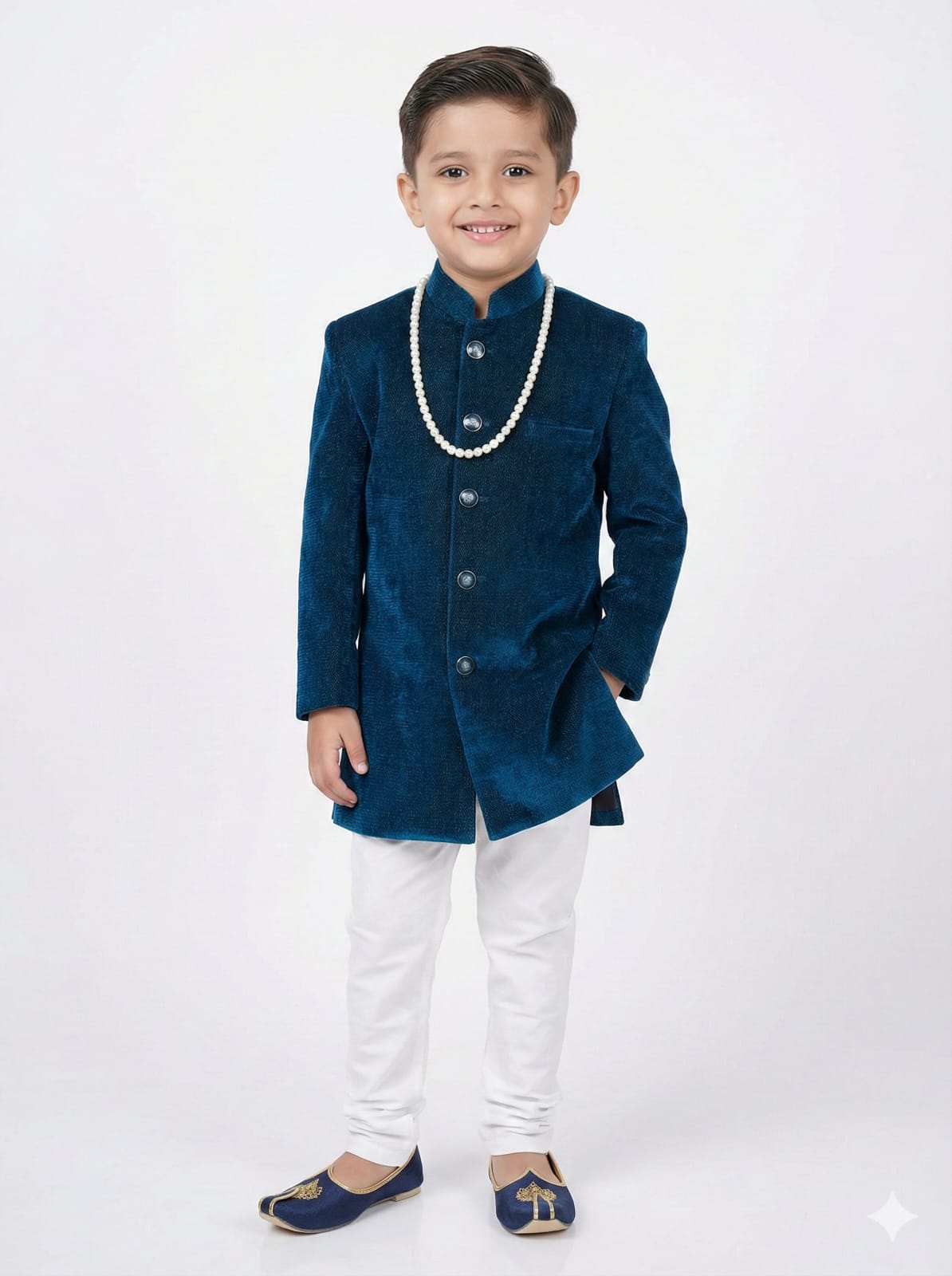 Young boy wearing a blue sherwani with white pants on a white background