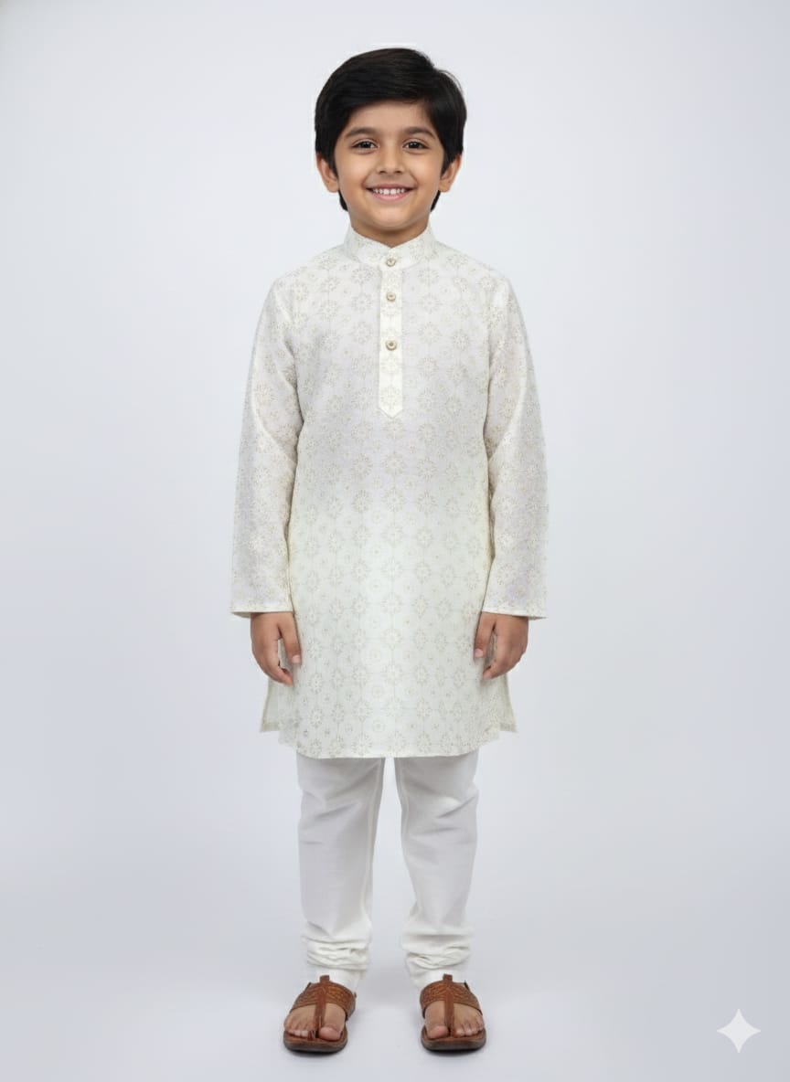 Young boy wearing a white kurta with white pants on a white background