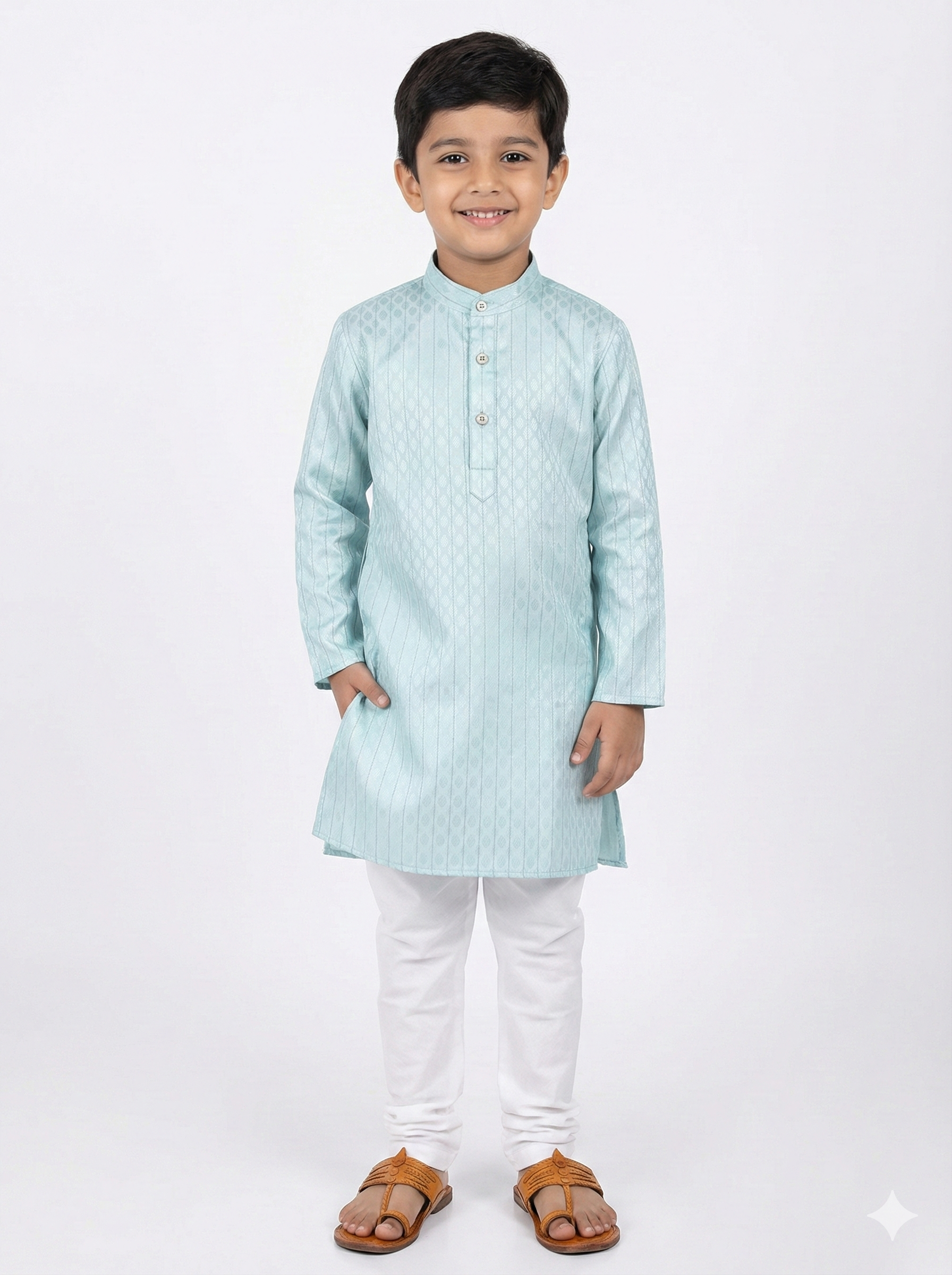 Young boy wearing a light blue kurta with white pants on a white background