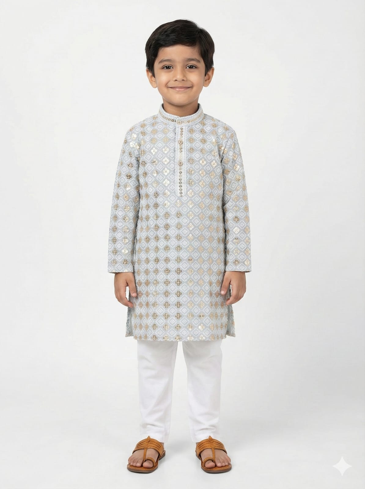 Young boy wearing a traditional kurta with white pants on a light gray background