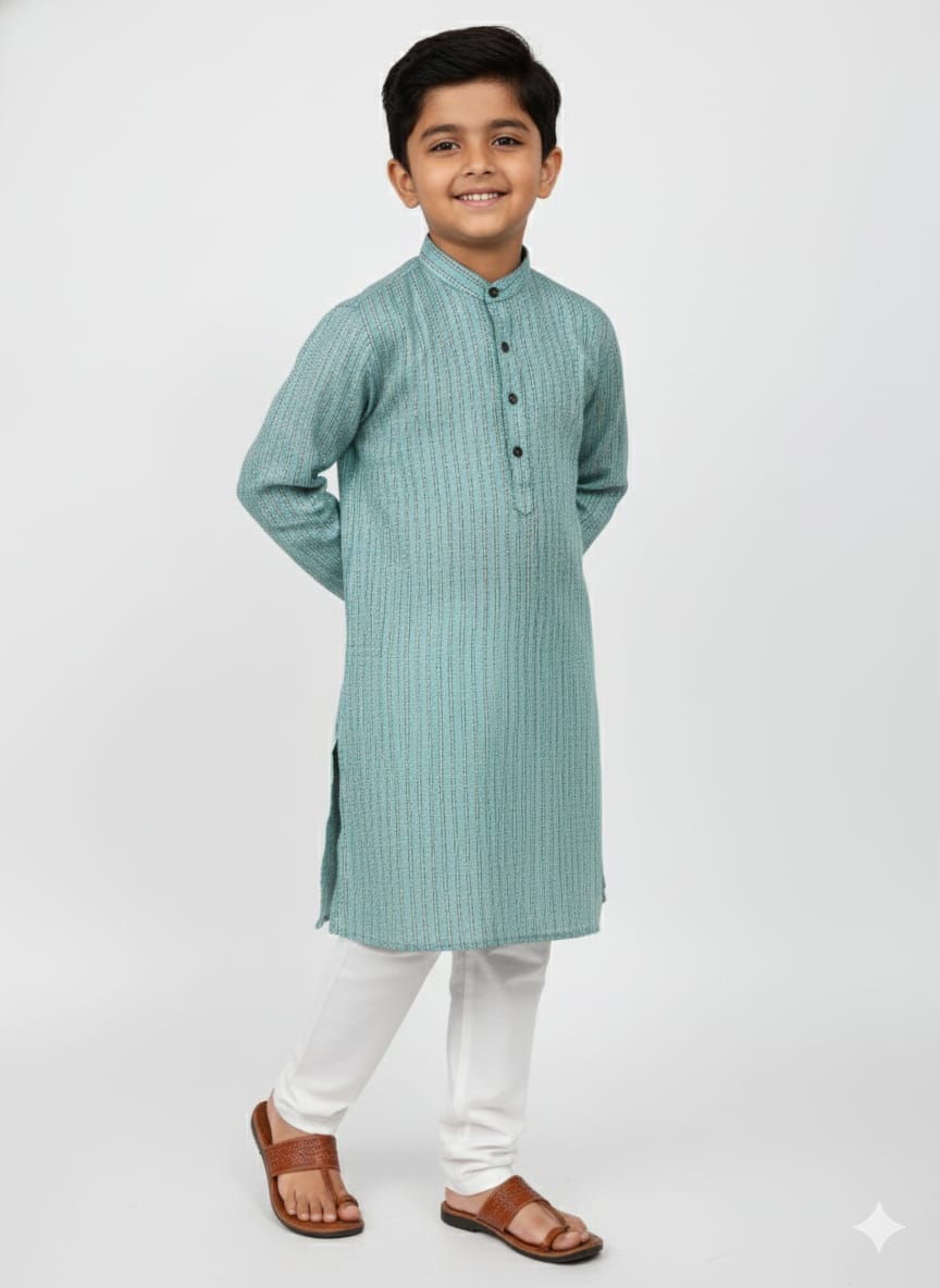 Young boy wearing a green kurta with white pants on a light gray background