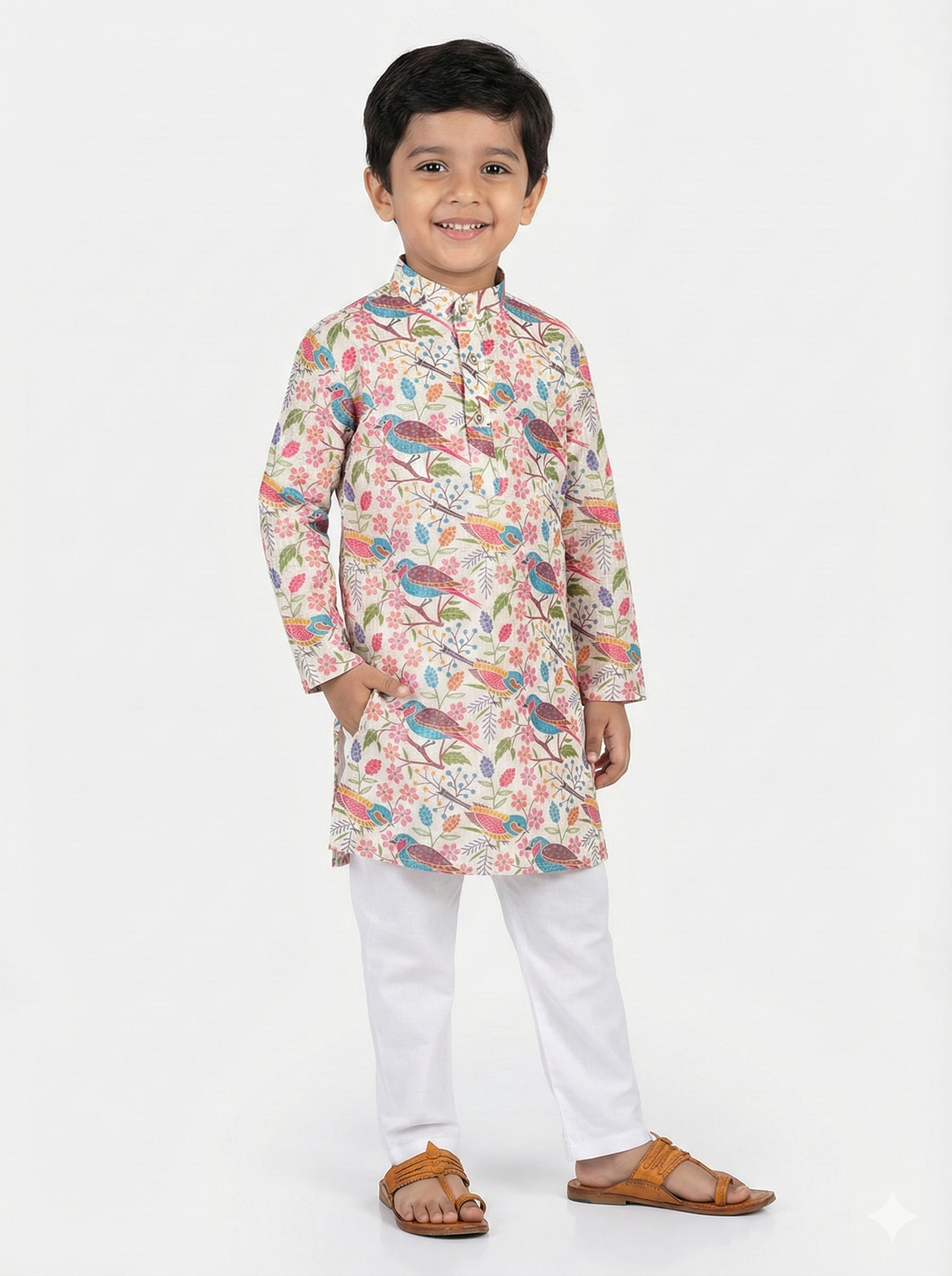 Child wearing a colorful kurta with white pants on a light gray background