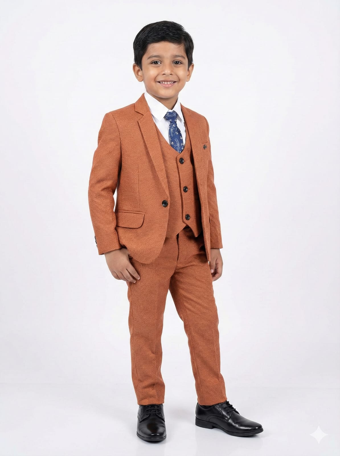 Young boy wearing a brown suit with a white shirt and blue tie on a white background