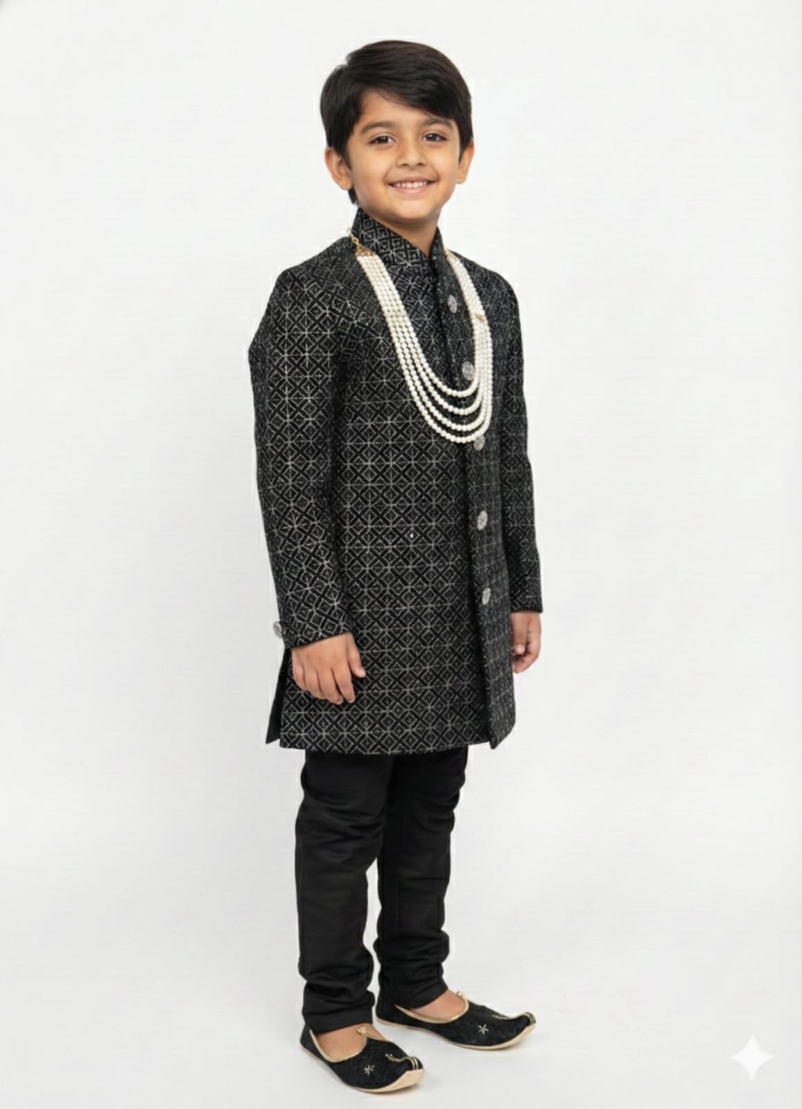 Child wearing a black and white traditional outfit on a white background