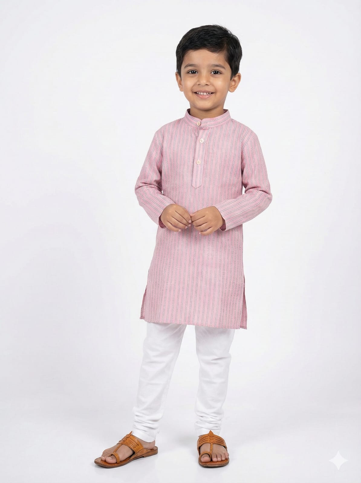 Child wearing a pink kurta with white pants on a white background