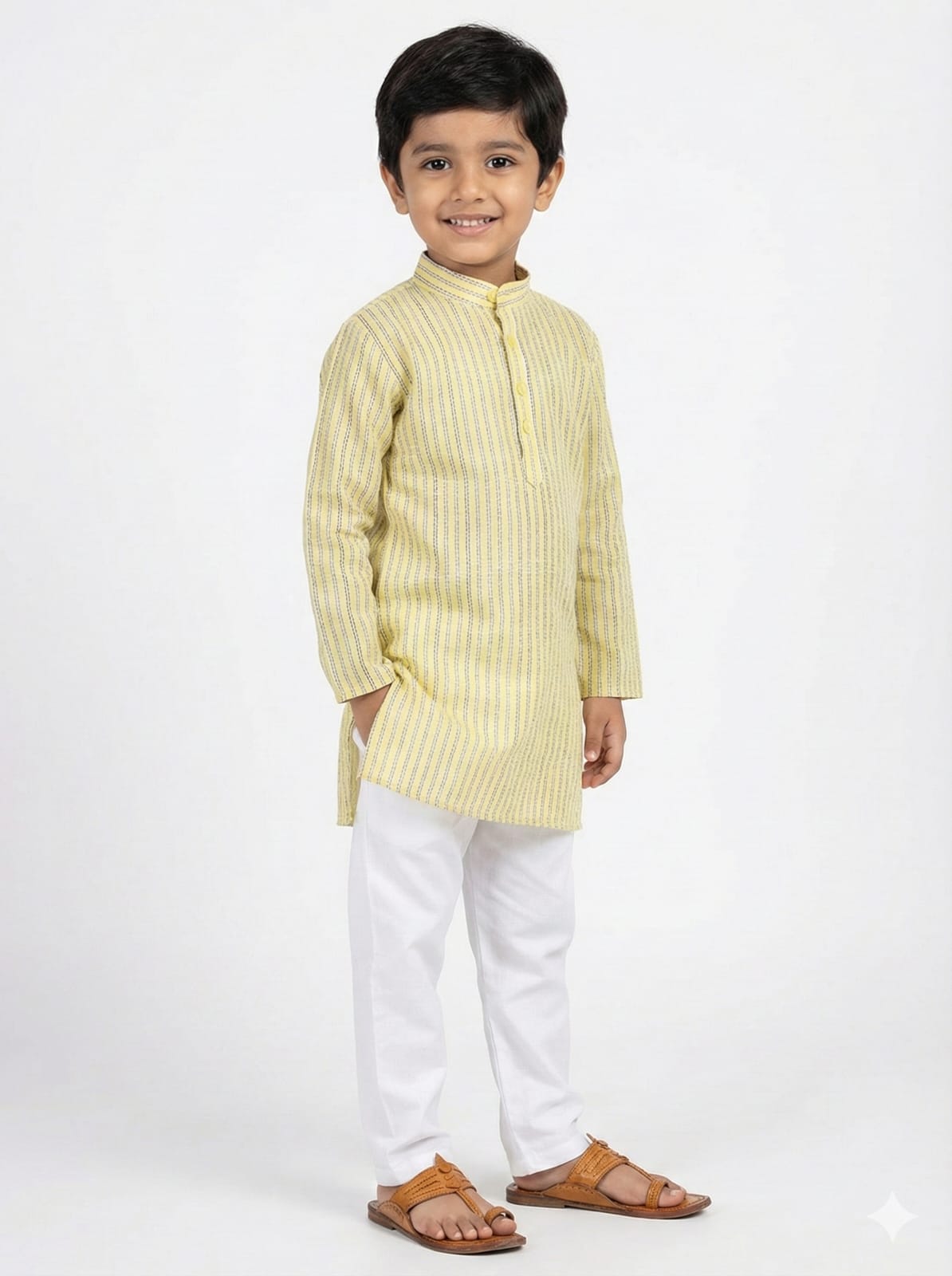 Young boy wearing a light green kurta with white pants on a white background