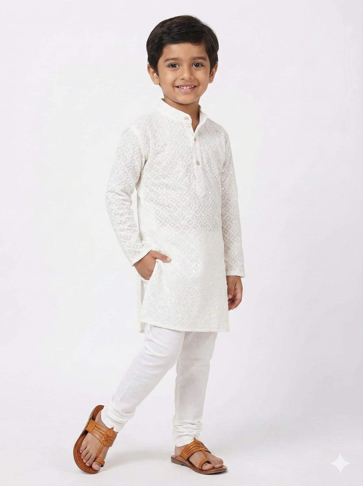 Young boy wearing a white kurta with white pants on a white background