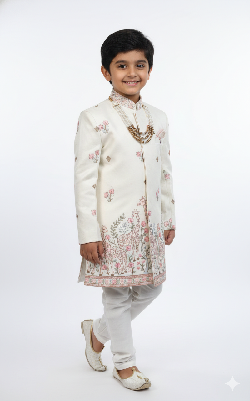 Child wearing a traditional embroidered outfit on a white background