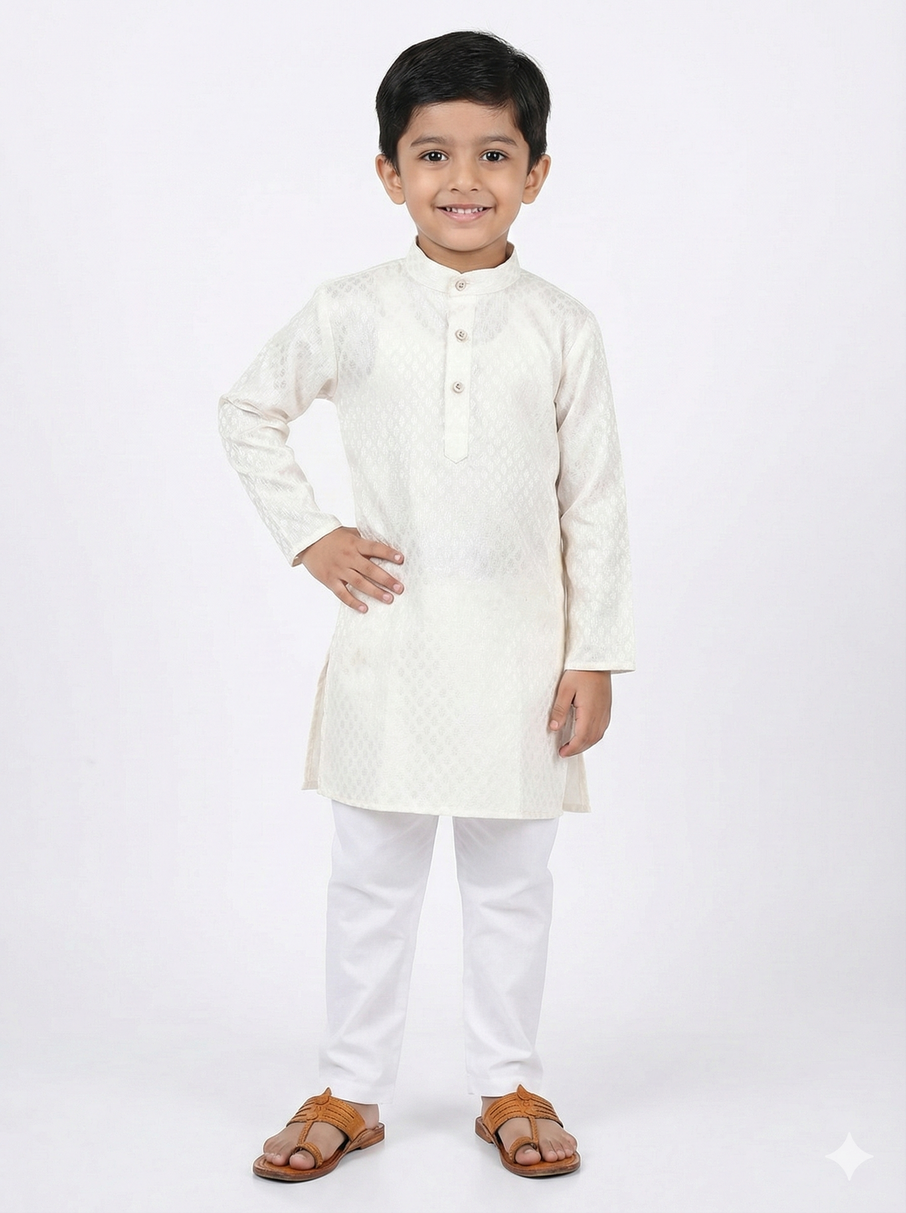 Young boy wearing a white kurta with white pants on a white background