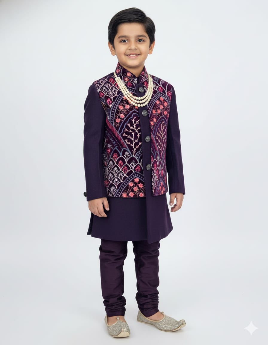Child wearing a traditional outfit with a dark purple jacket and pants on a white background