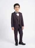 Young boy wearing a formal brown suit with a bow tie on a white background