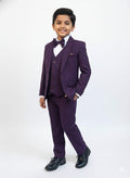 Young boy wearing a purple suit with a white shirt and black shoes on a white background