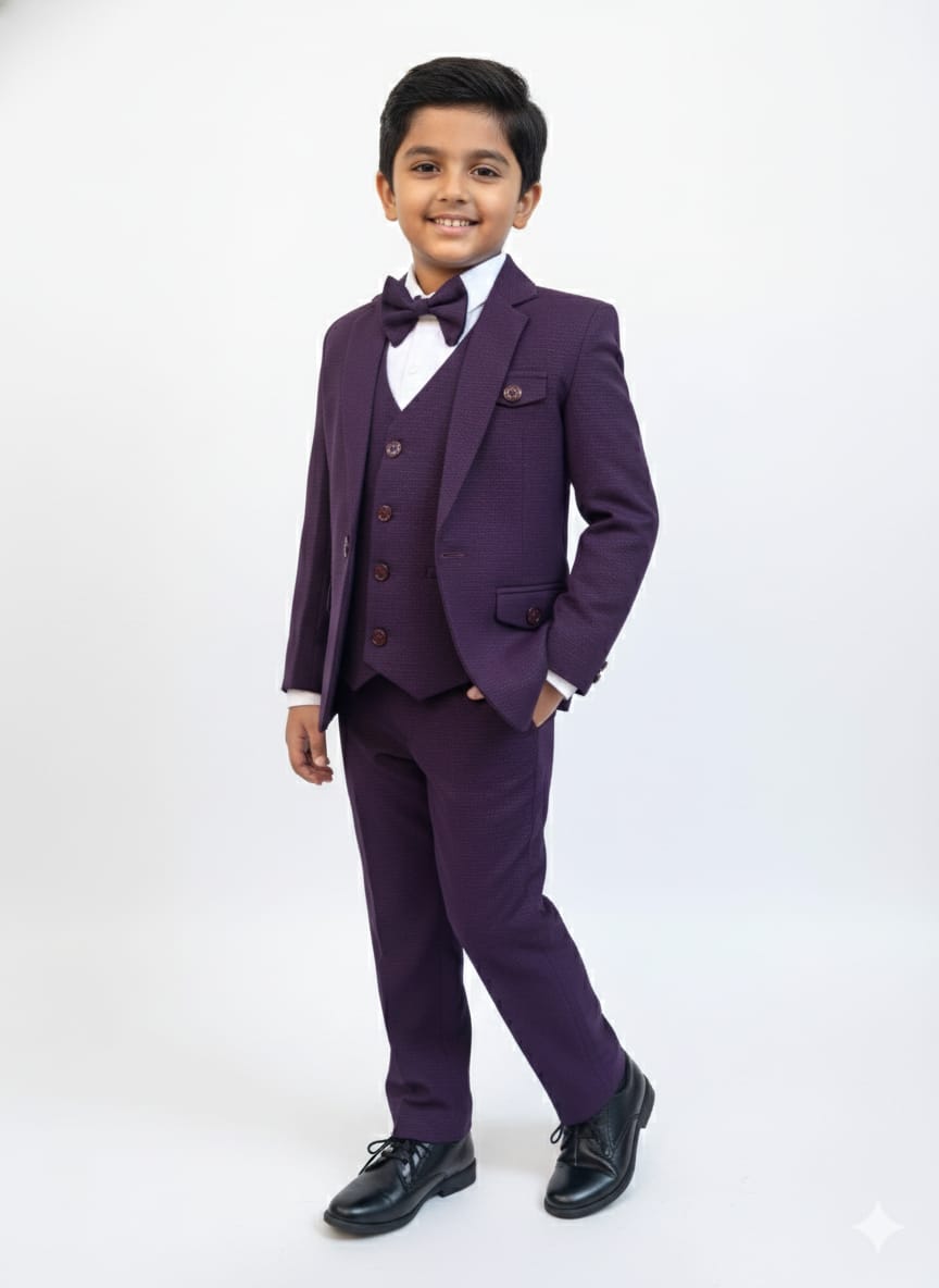 Young boy wearing a purple suit with a white shirt and black shoes on a white background